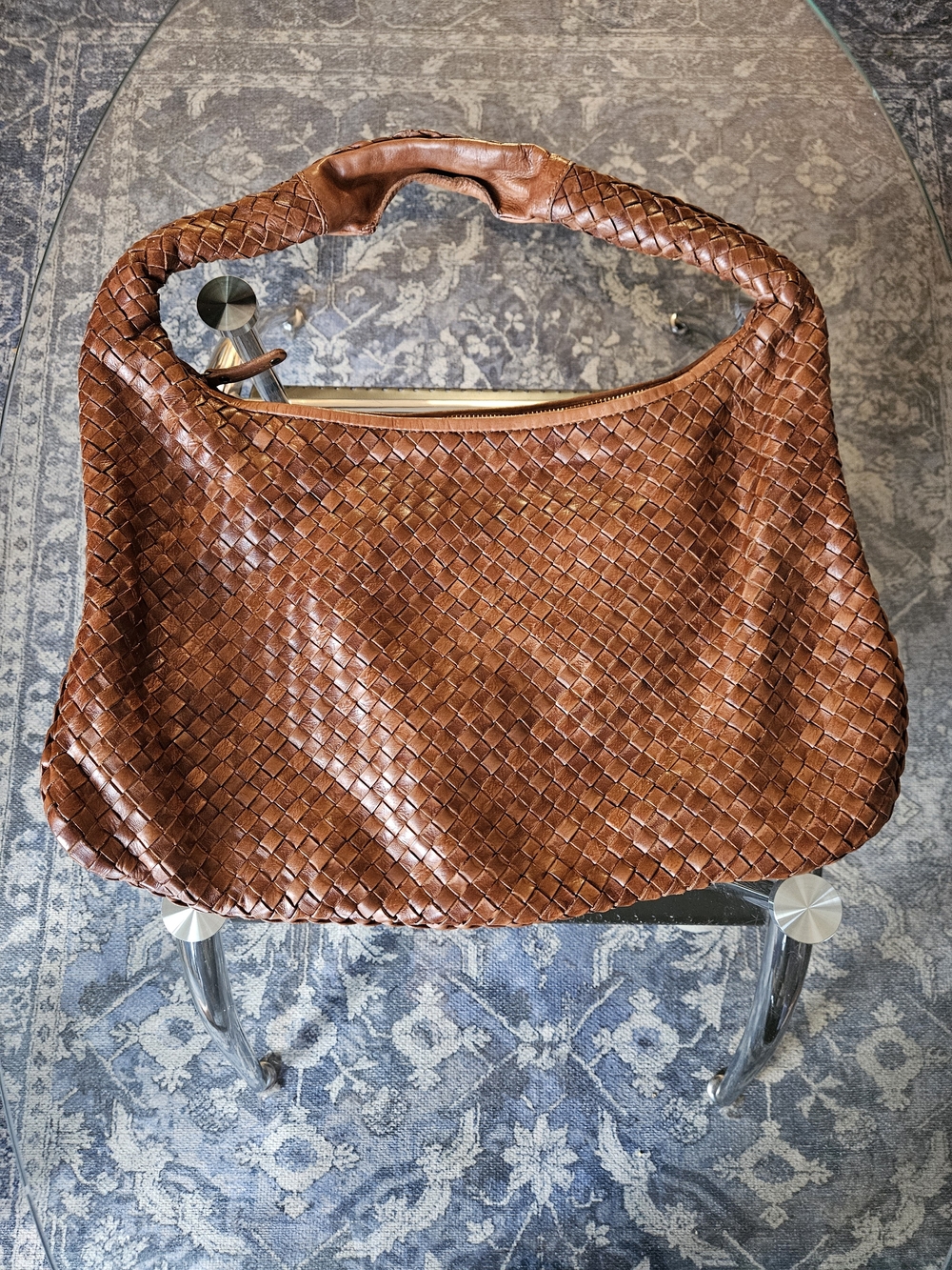 Woven Leather Hobo Bag in Cognac Brown